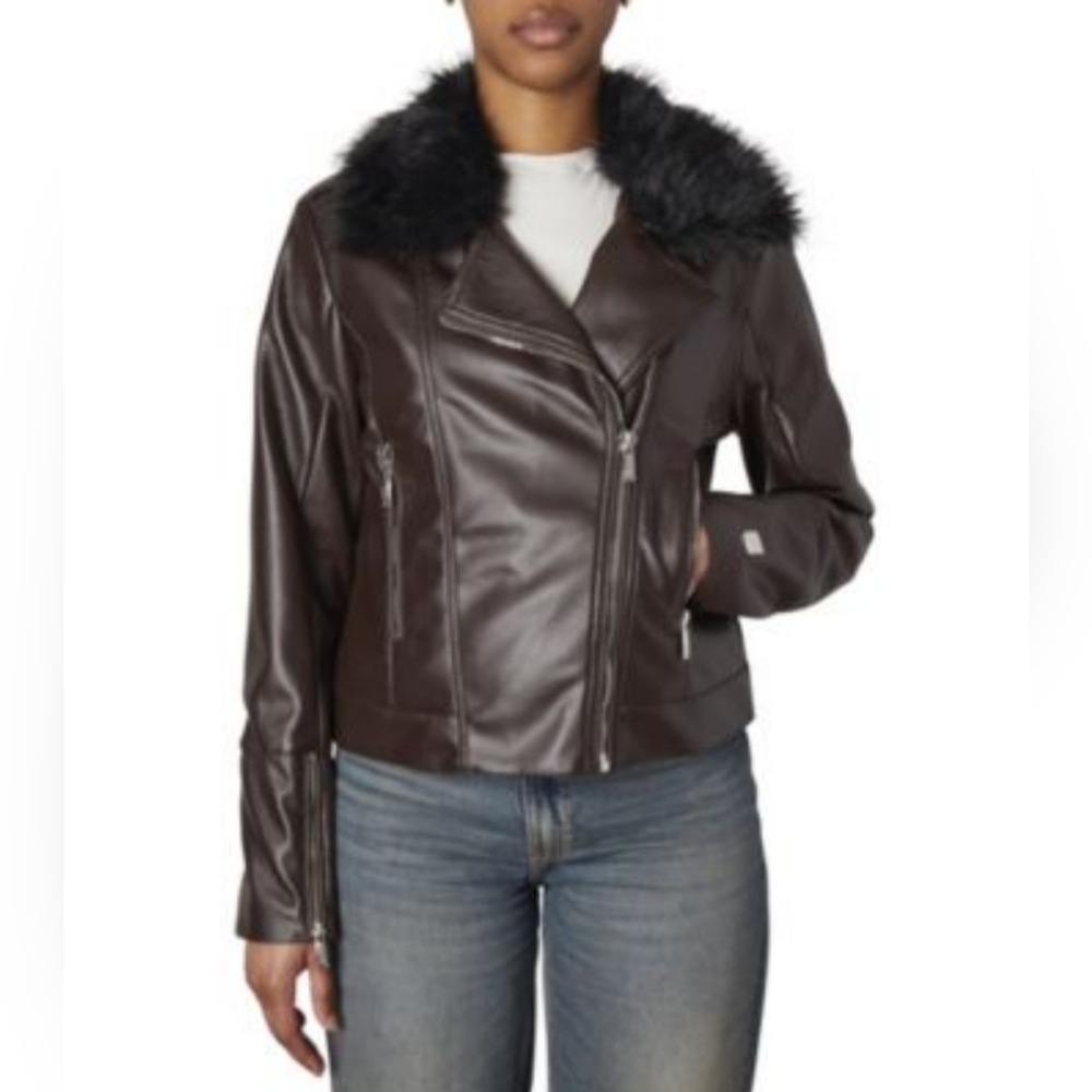 Nicole Miller Faux Leather Moto Jacket With Detachable Faux Fur Trim Sz-Large